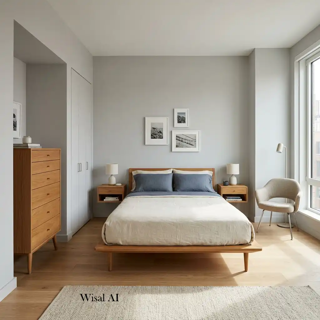 Compact bedroom featuring perfectly scaled furniture and an open airy layout.