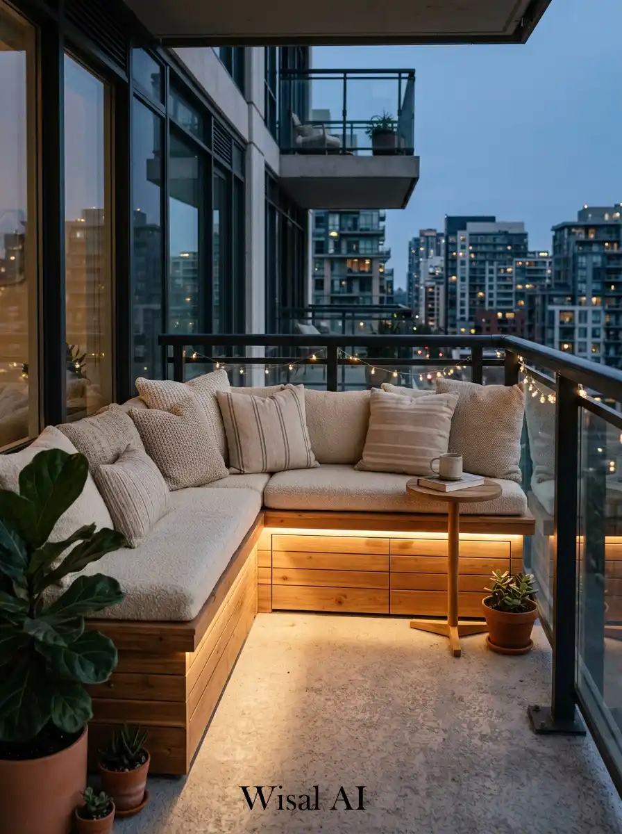 Small apartment balcony featuring built-in bench seating with soft cushions and warm neutral decor.