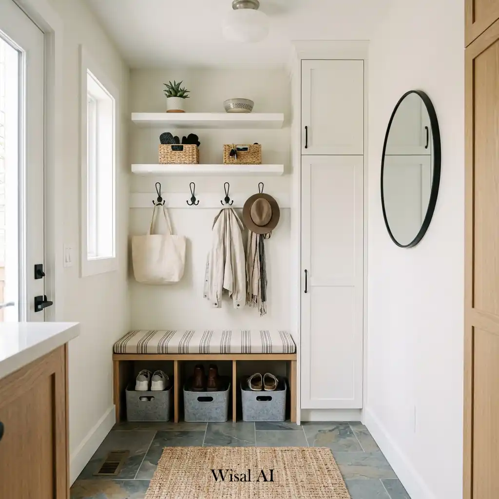 Compact mudroom featuring smart storage solutions and efficient organization for small spaces