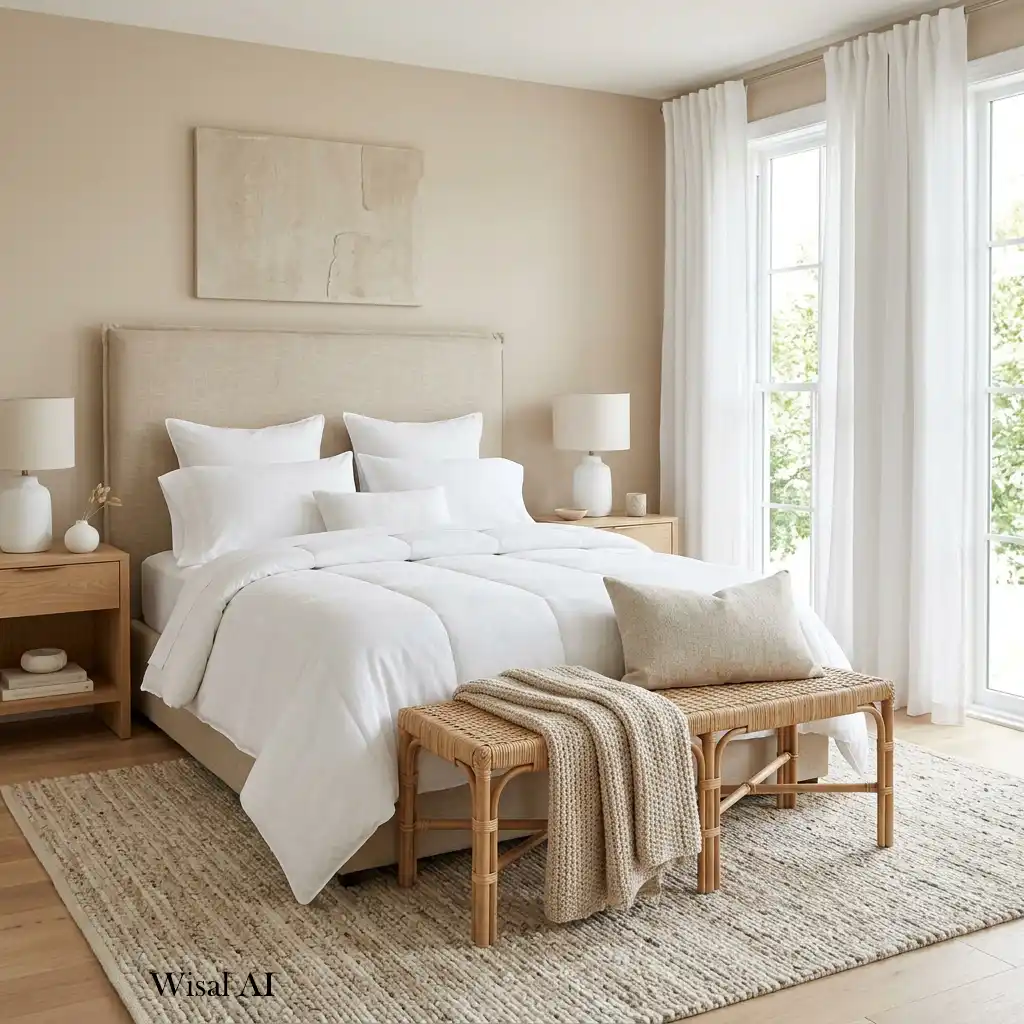 Elegant bedroom featuring soft beige walls with crisp white bedding and décor.