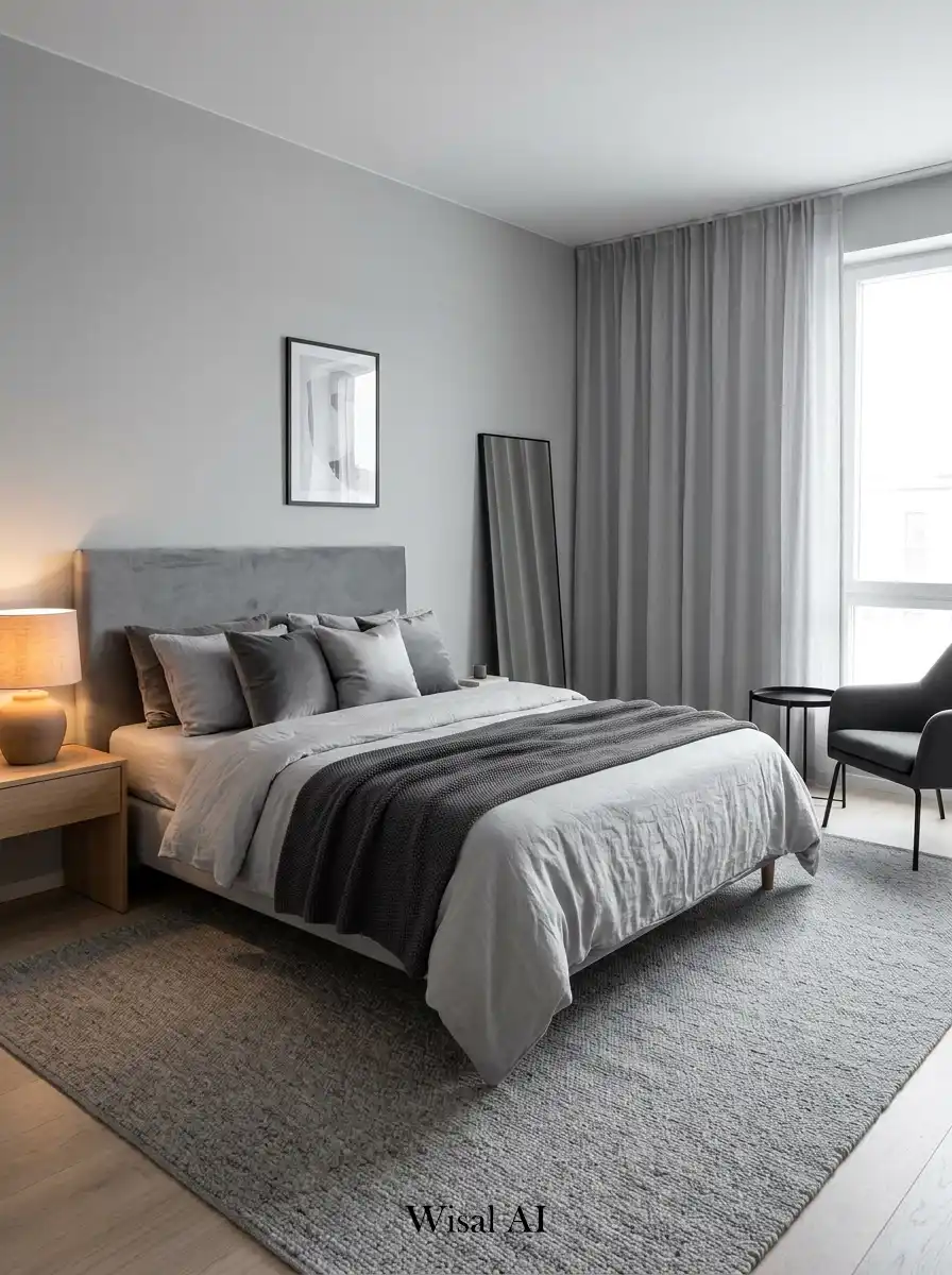 Elegant bedroom interior using multiple shades of gray to create a modern monochrome luxury design with soft textures and lighting.