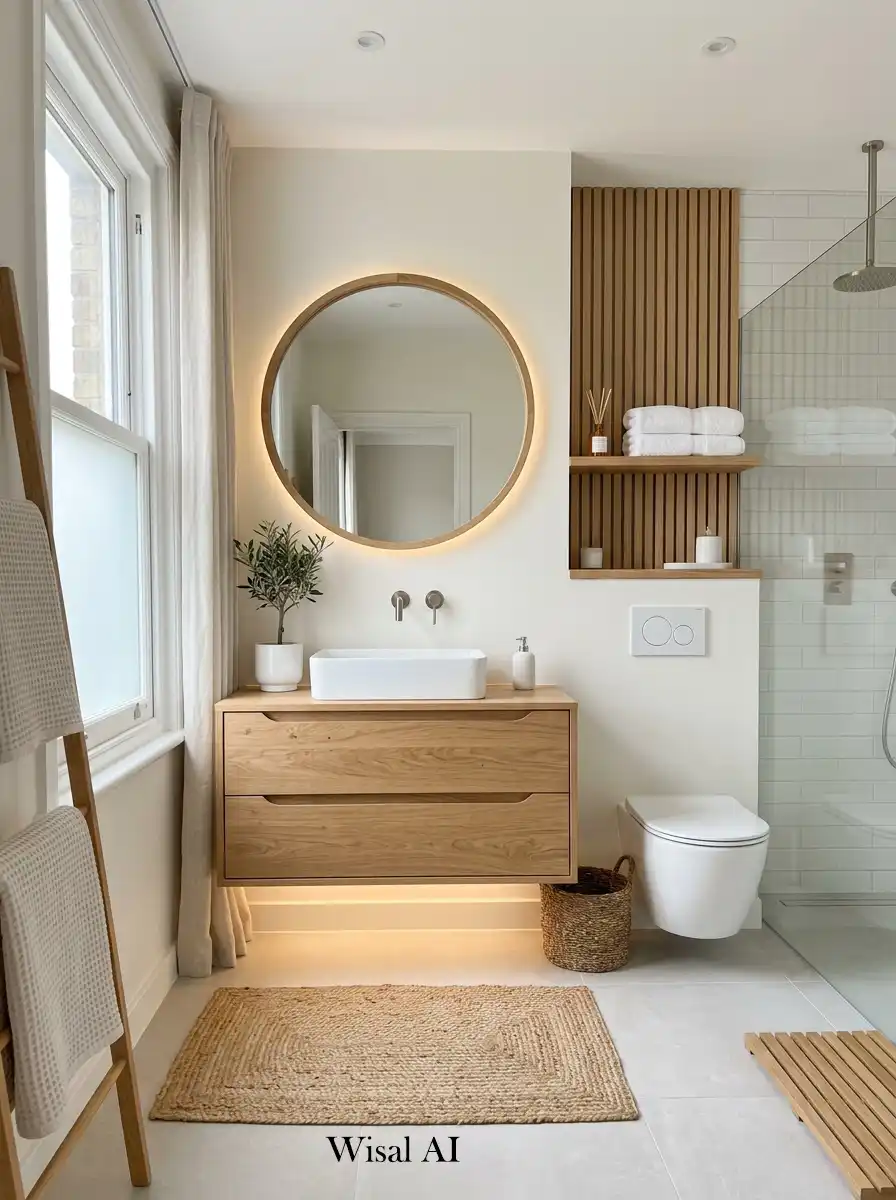 Minimal bathroom featuring soft white walls natural oak vanity and elegant Scandinavian spa-style interior atmosphere.