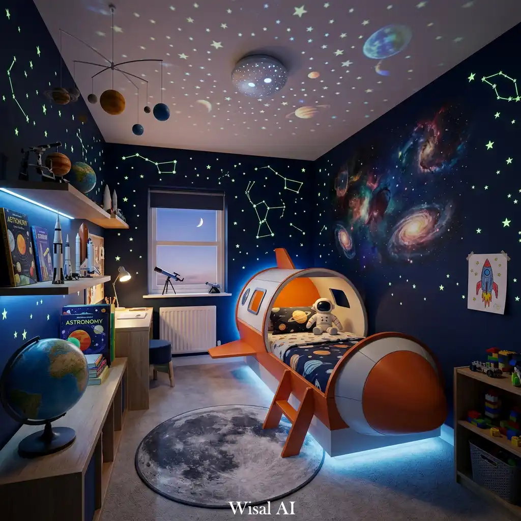 Space themed kids bedroom with galaxy wall design, rocket bed, and glowing stars ceiling