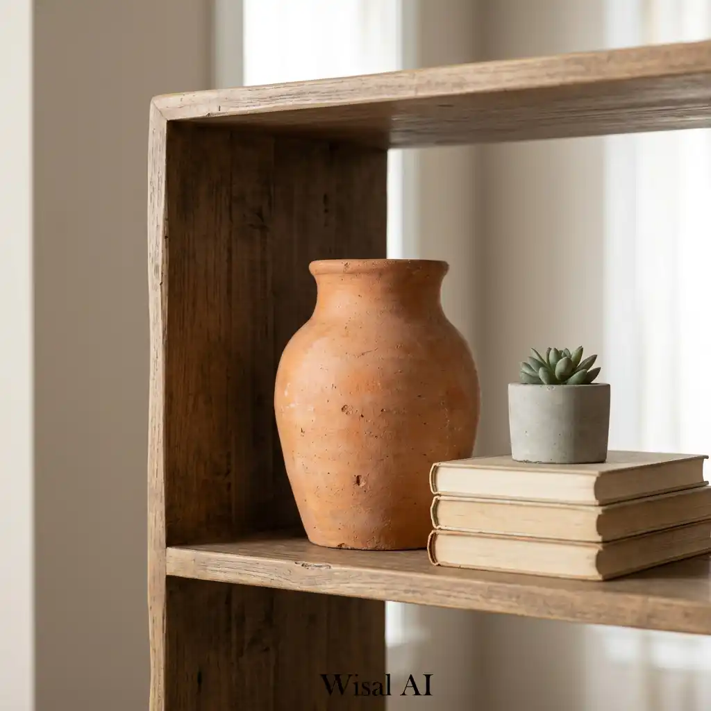 Decorative terracotta ceramics styled on modern open shelves