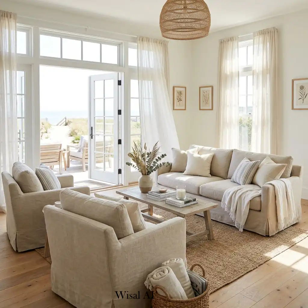 Luxury living room featuring soft linen upholstery in warm neutral tones.