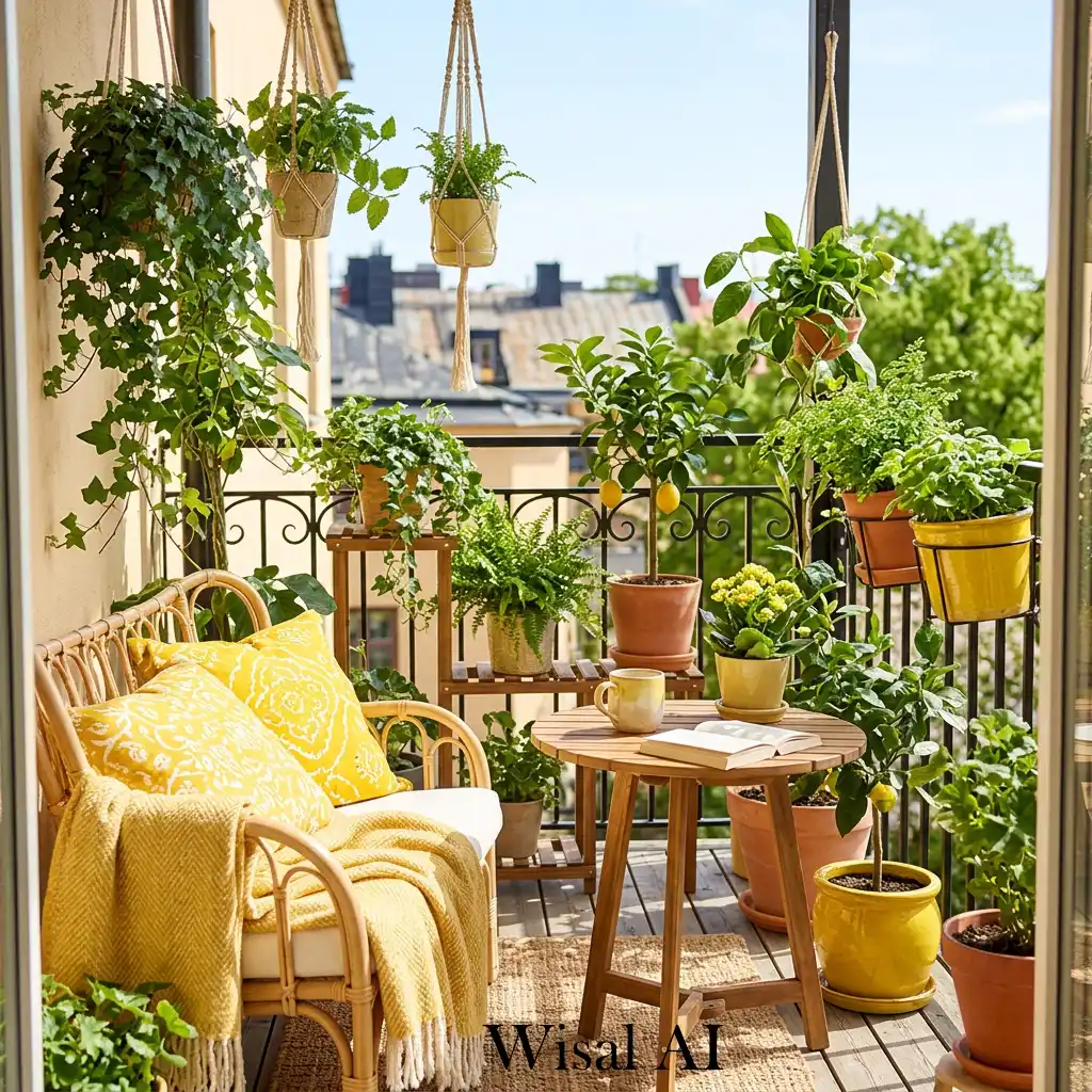 Yellow and green balcony design with lush natural plants and fresh atmosphere