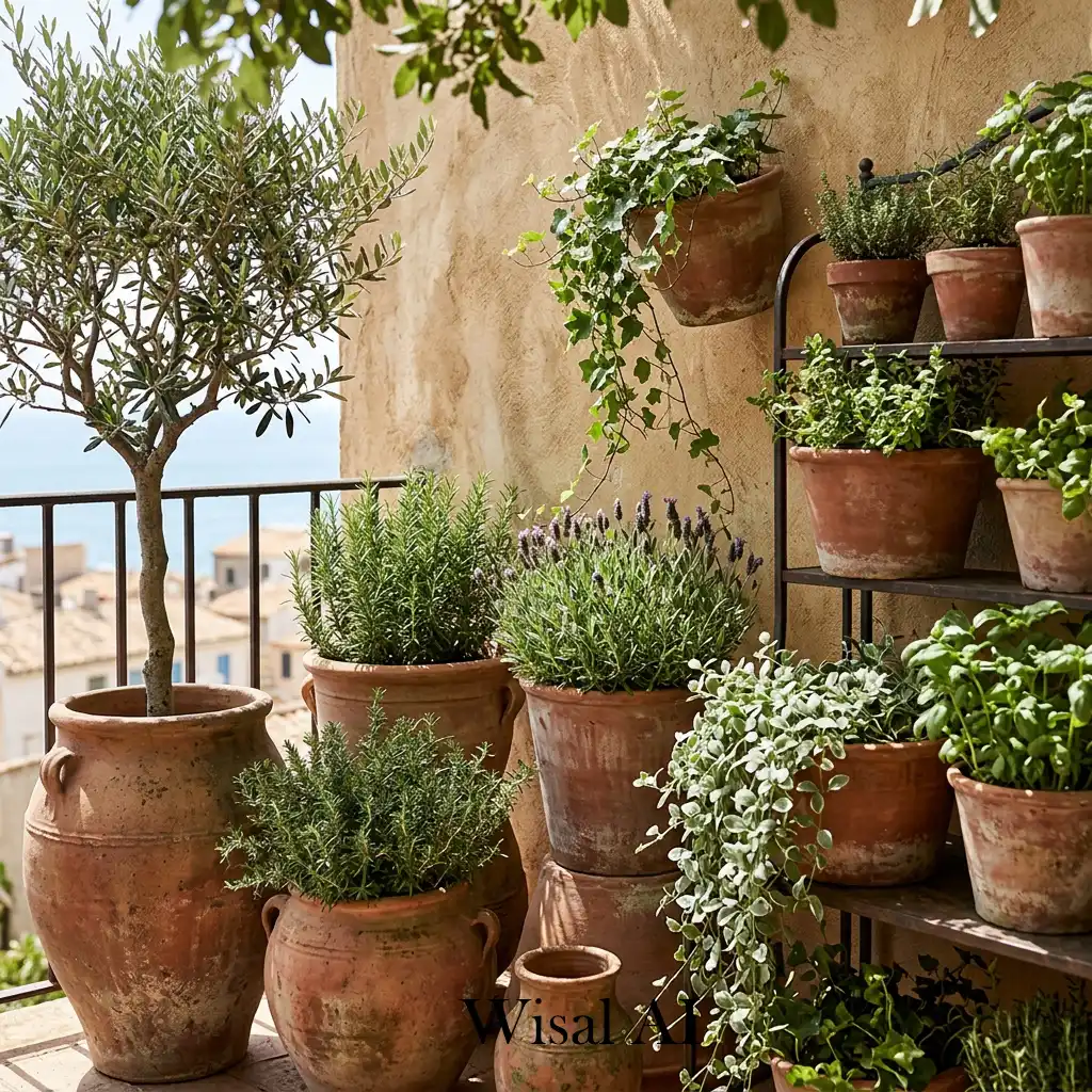 Large terracotta planters filled with lush green balcony plants