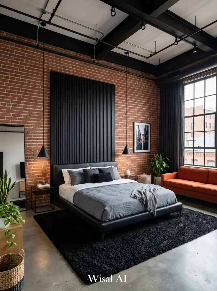32. The Modern Loft Industrial Bedroom: Sleek Brickwork