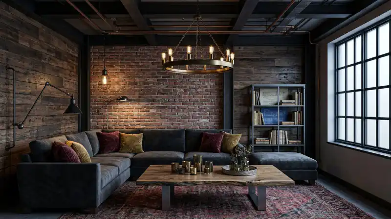 12. The Refined Foundry: A Moody Industrial Living Room Idea with Saturated Velvet