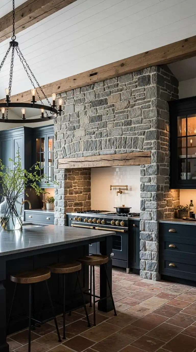 22.Luxury Rustic Kitchen Idea with Natural Stone Arch and Copper Accents