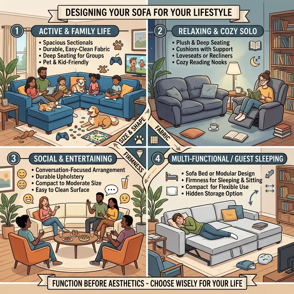 Comfortable living room featuring a sofa selected to match everyday family lifestyle.