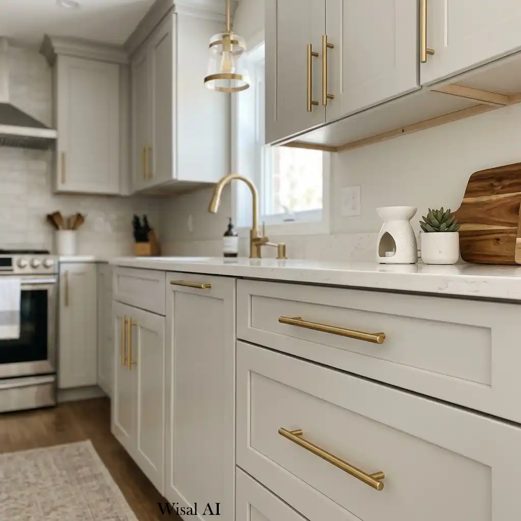 Modern kitchen upgraded with stylish cabinet hardware in brushed brass for a custom look.