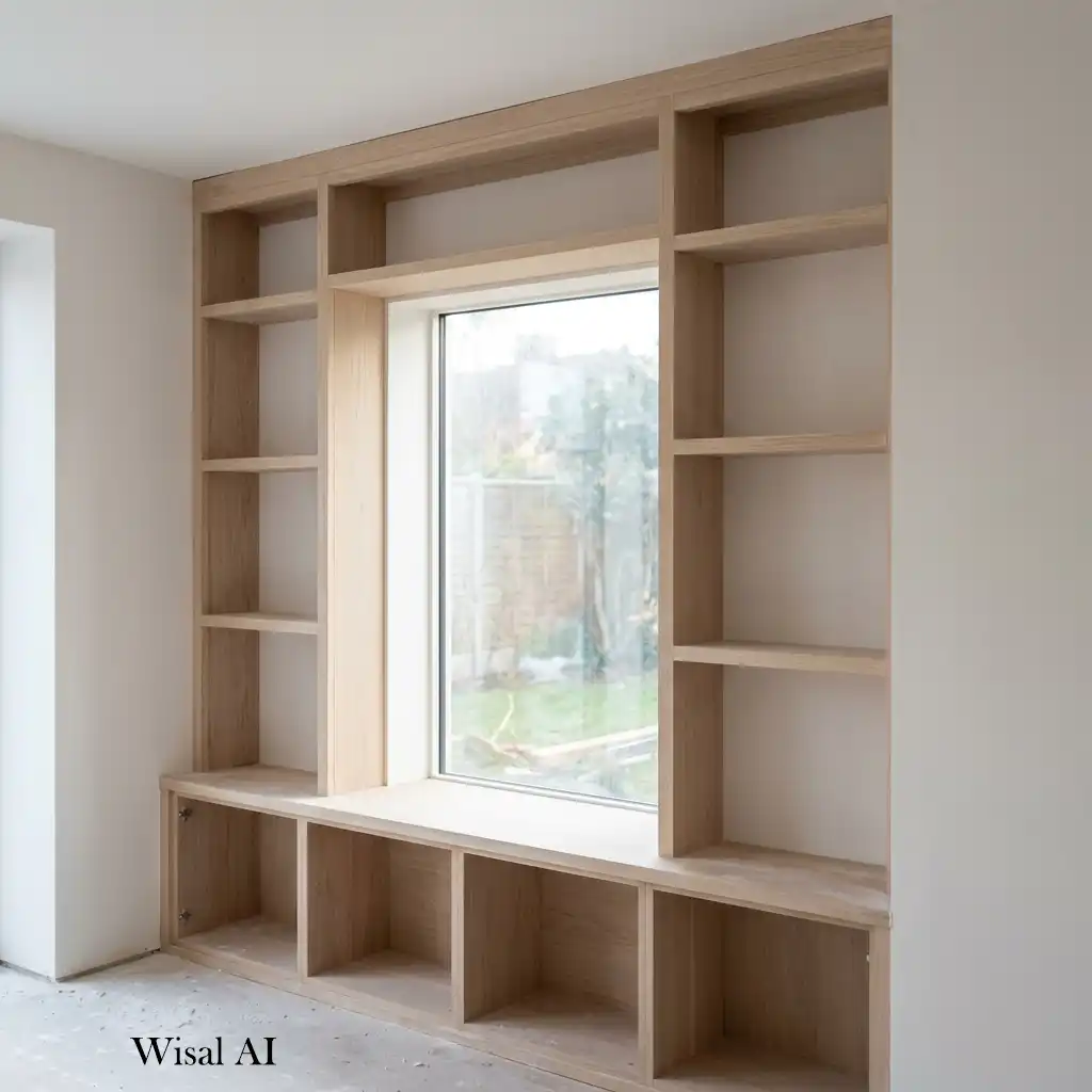 Custom built-in shelving surrounding a modern living room fireplace.
