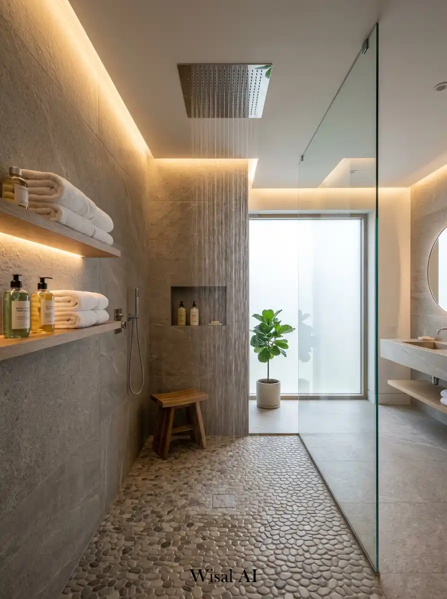 Spacious walk-in rain shower bathroom with warm lighting and natural stone textures