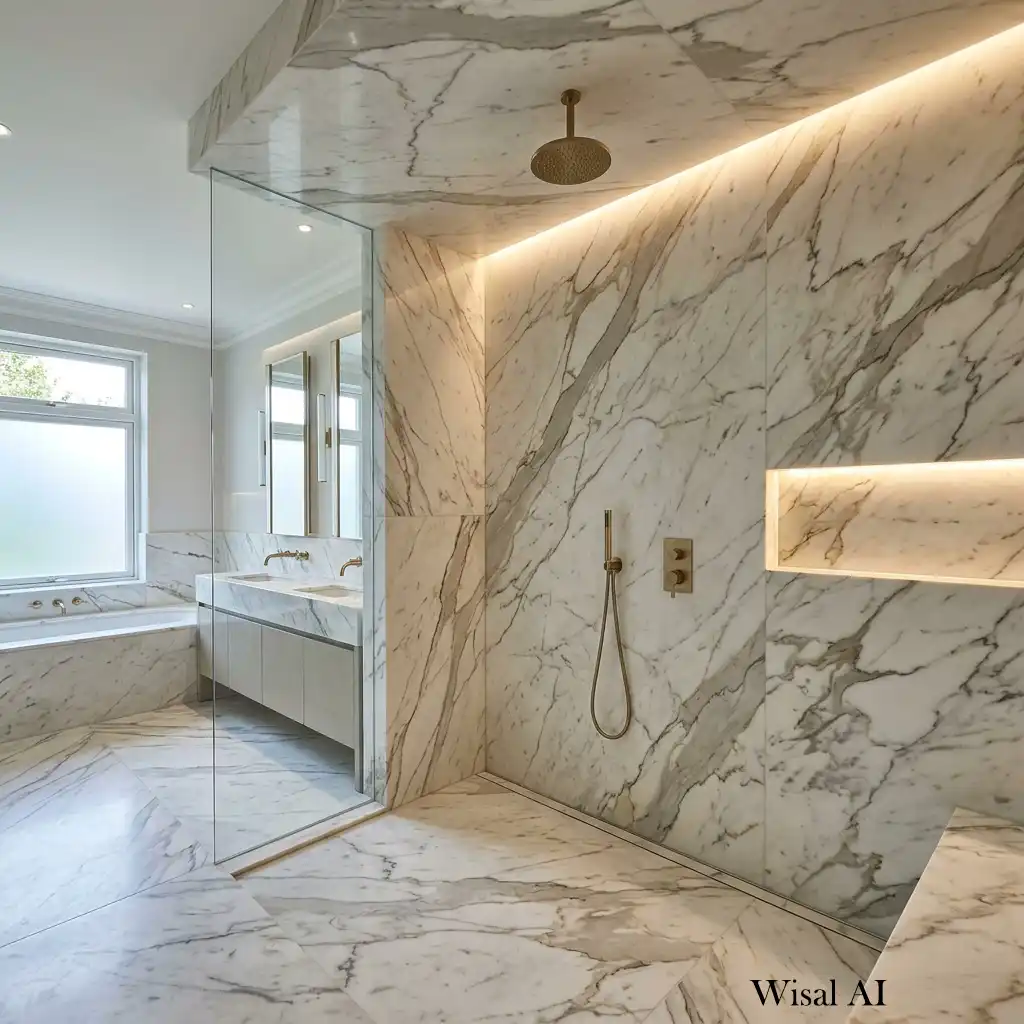 Luxury walk-in shower featuring floor-to-ceiling white marble walls and brushed brass fixtures.