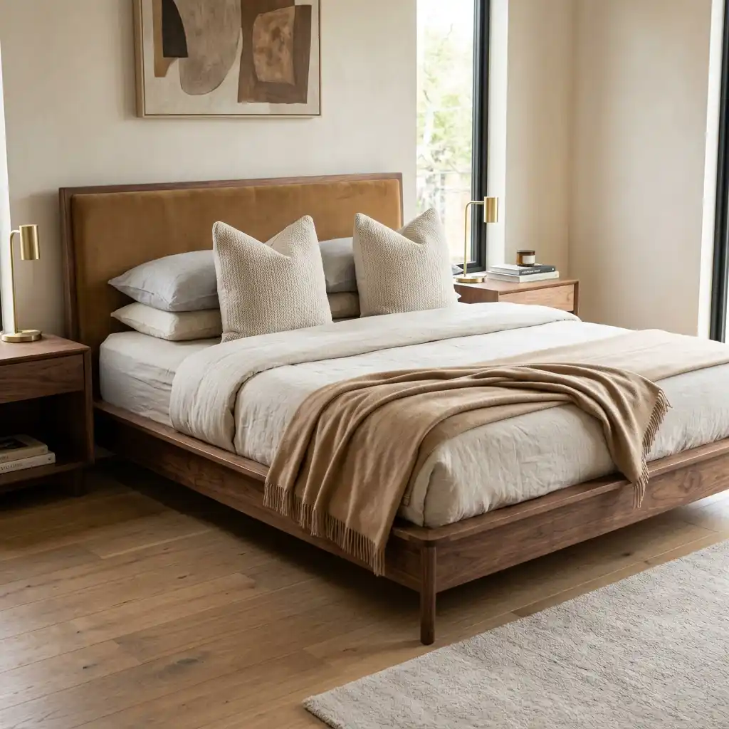 Walnut platform bed with camel velvet upholstery in European bedroom
