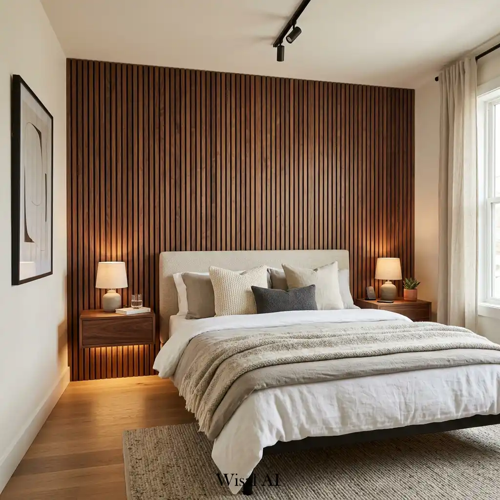 Walnut wood slat bedroom wall with floating nightstands and warm lighting.