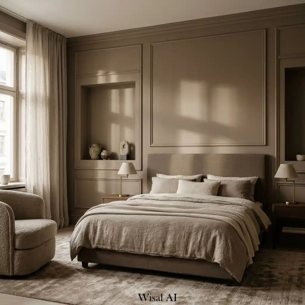 2. Warm Taupe Bedroom with Shadowy Architectural Details