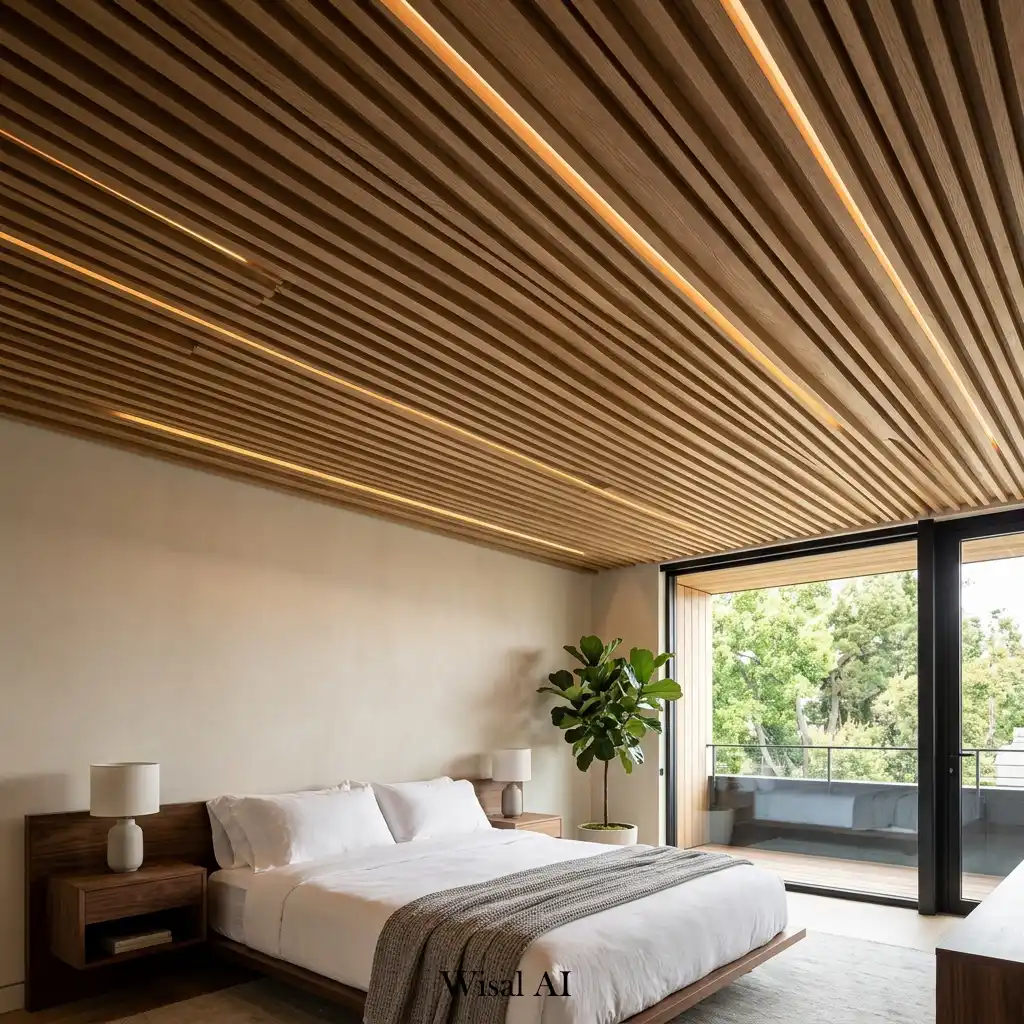 Luxury bedroom featuring a warm wood slat ceiling and minimalist décor.