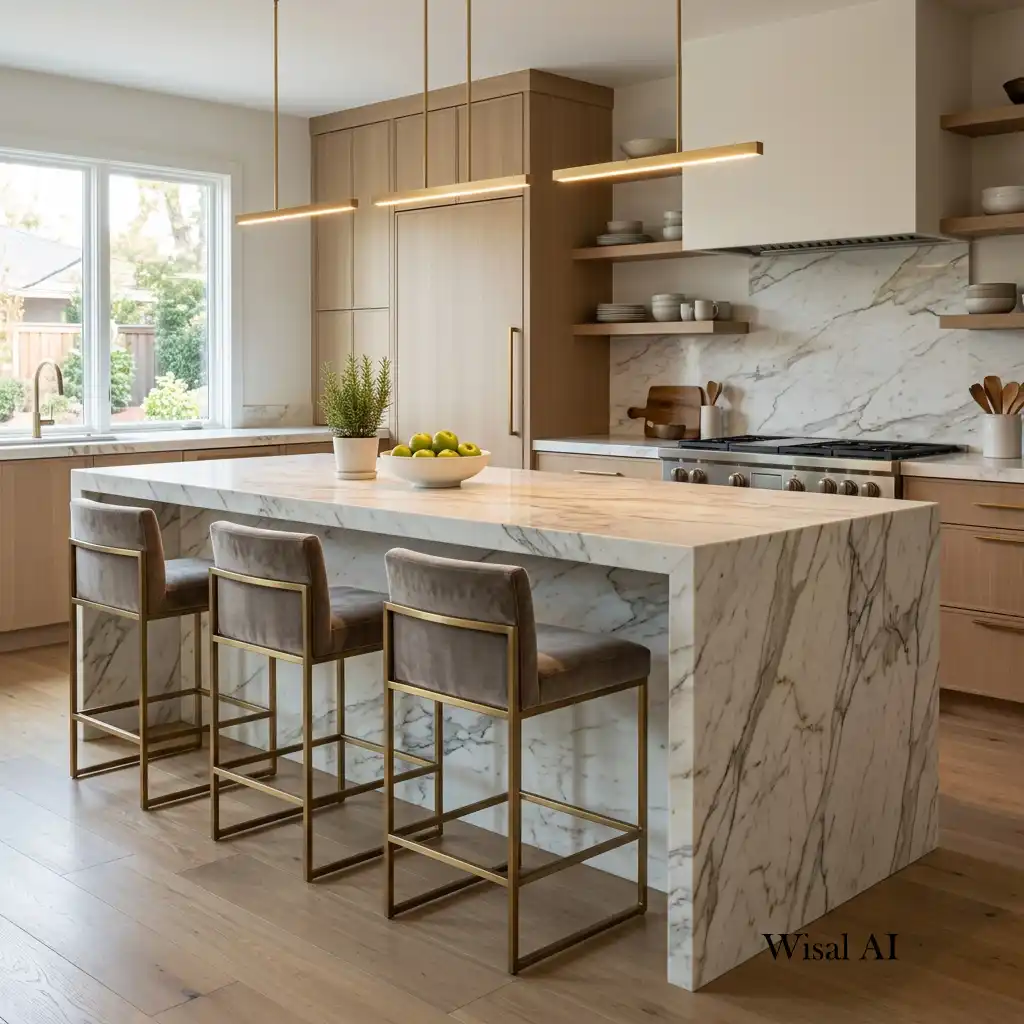 Luxury waterfall marble kitchen island with comfortable built-in seating.