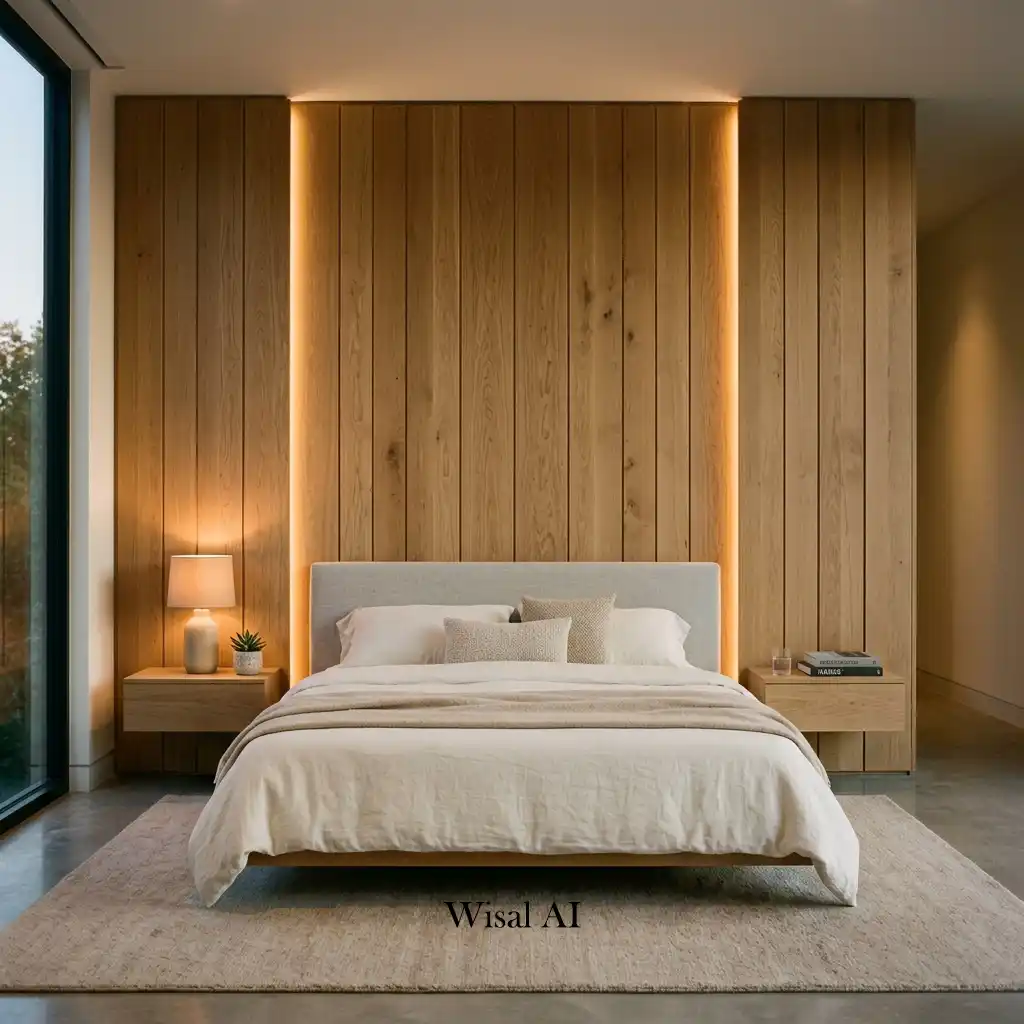 Floor-to-ceiling white oak wall panels behind a luxury bedroom bed.