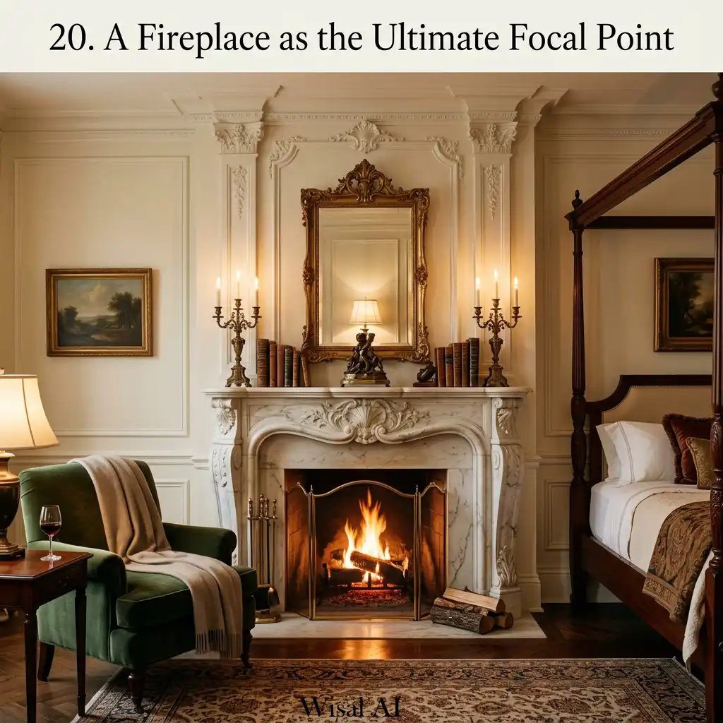 Marble fireplace focal point in classic luxury bedroom