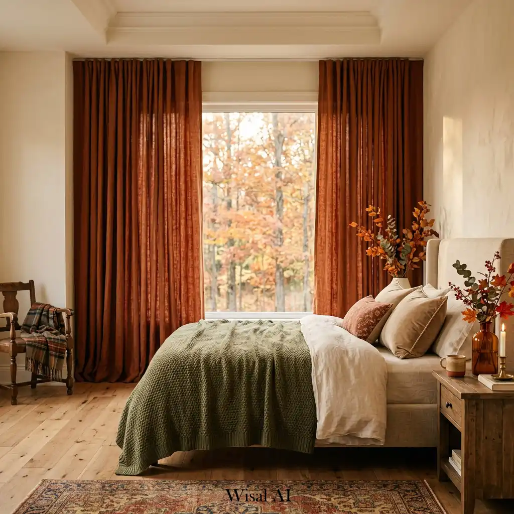 Floor-to-ceiling curtains adding warmth and luxury to the bedroom.