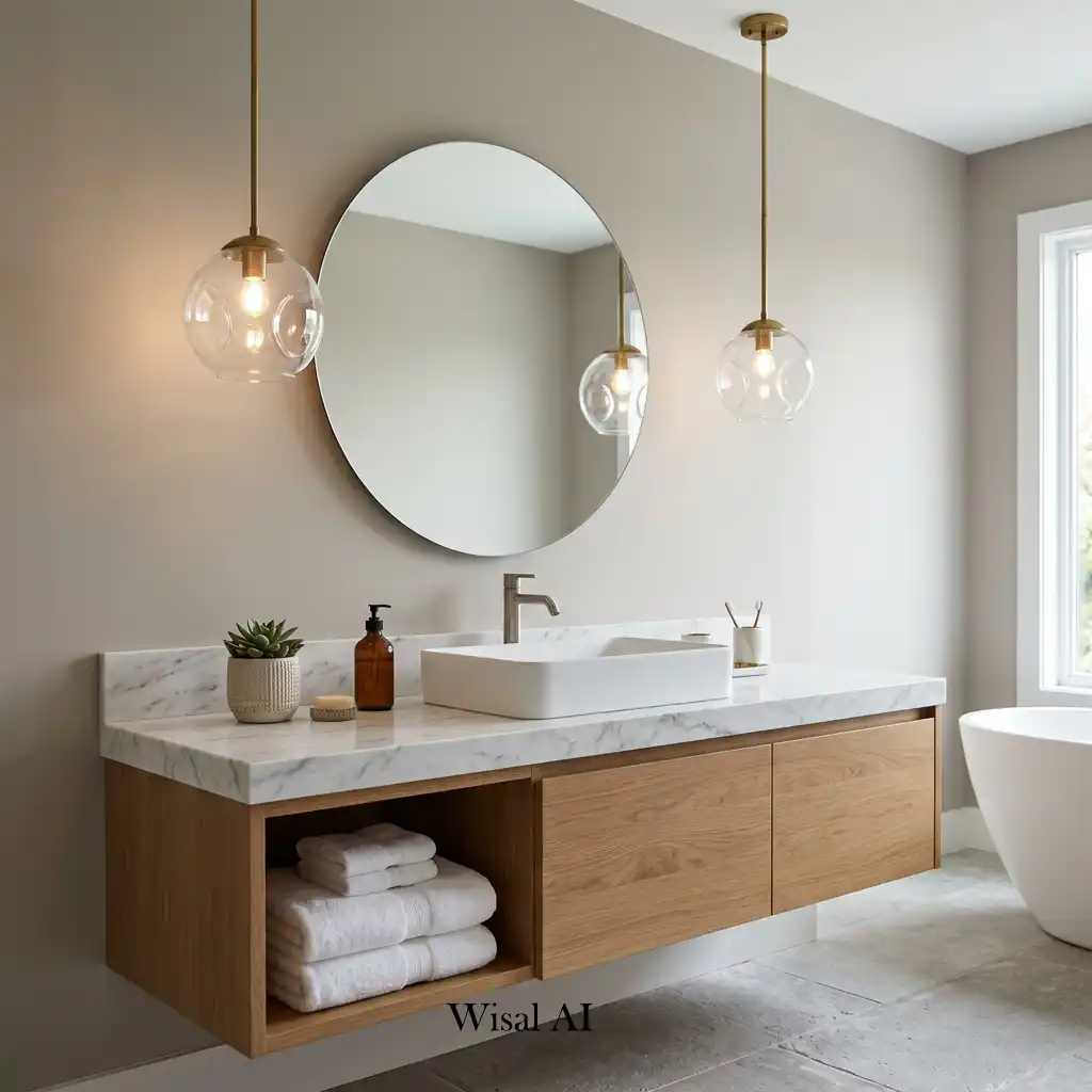 Spa-inspired bathroom vanity illuminated by elegant pendant lighting.