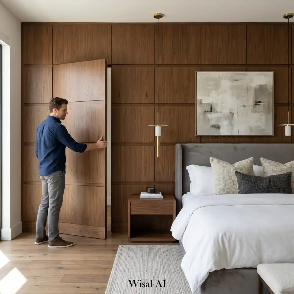 Custom bedroom wall paneling featuring hidden seamless doors.