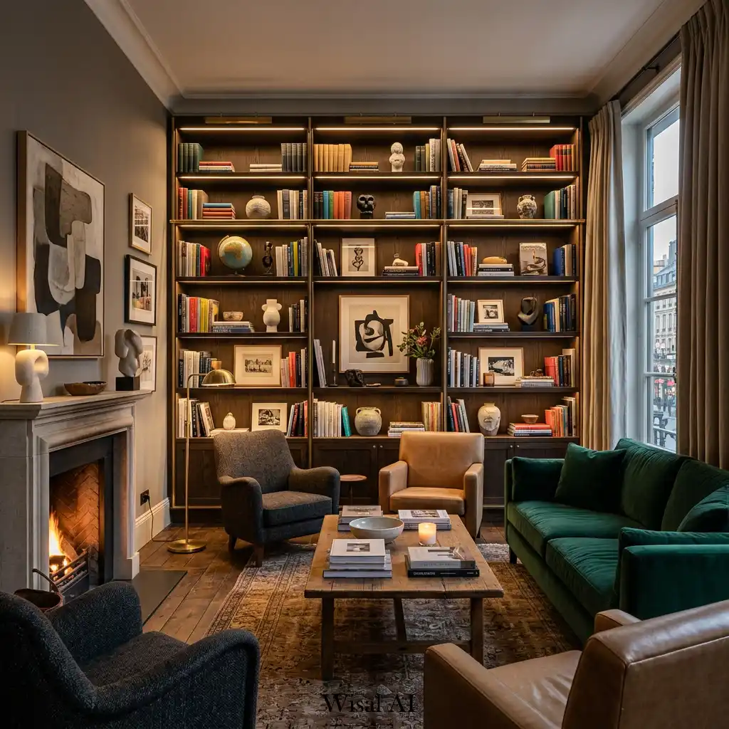 Elegant living room featuring custom designer bookshelves and curated décor