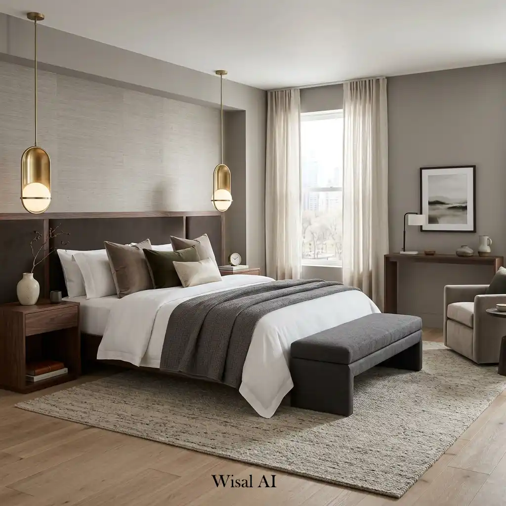 Boutique hotel-inspired bedroom with luxury bedding and contemporary furnishings
