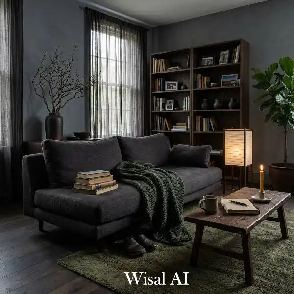 Dark Japandi sanctuary-style living room for relaxation