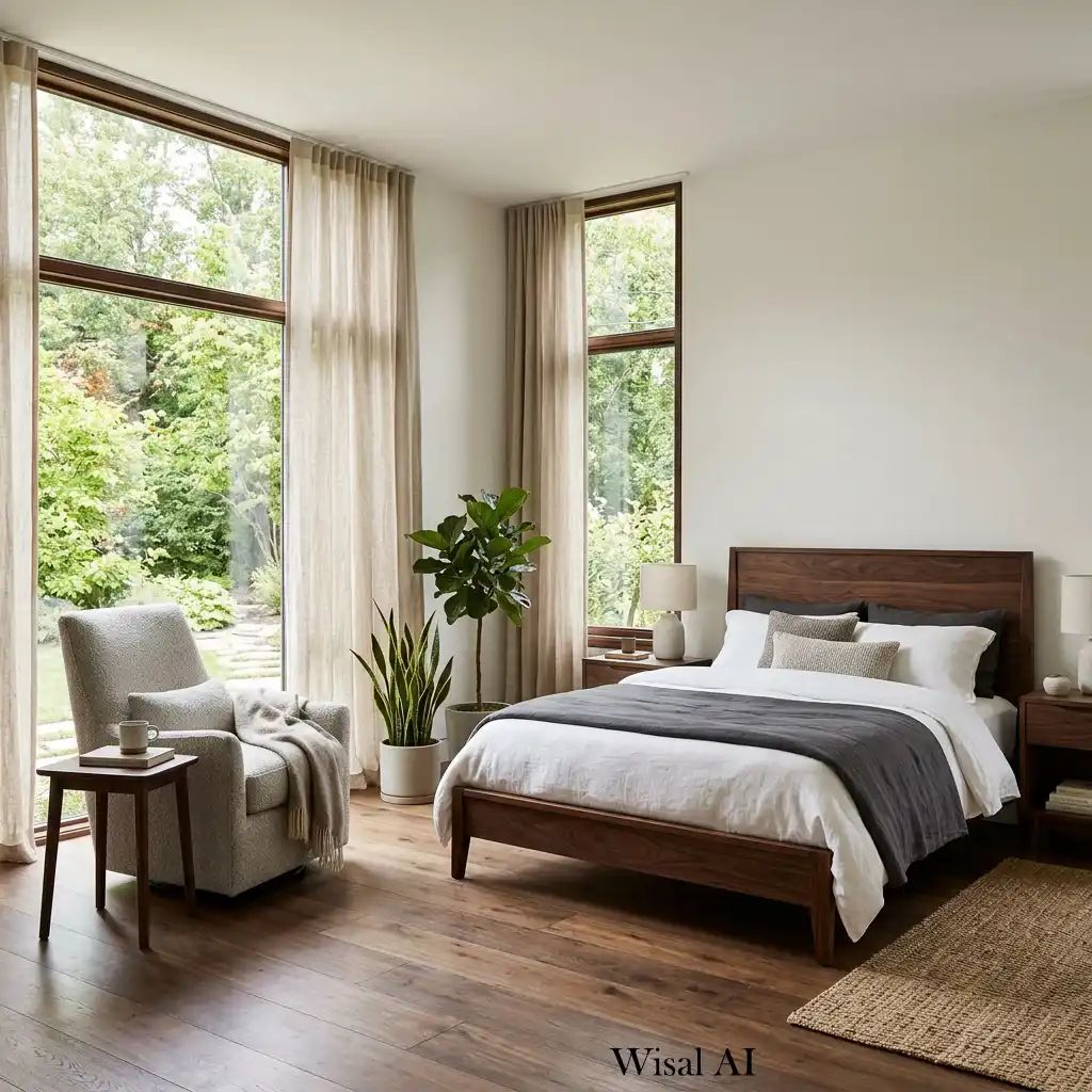 Dark wood bedroom with large picture windows and abundant natural light.
