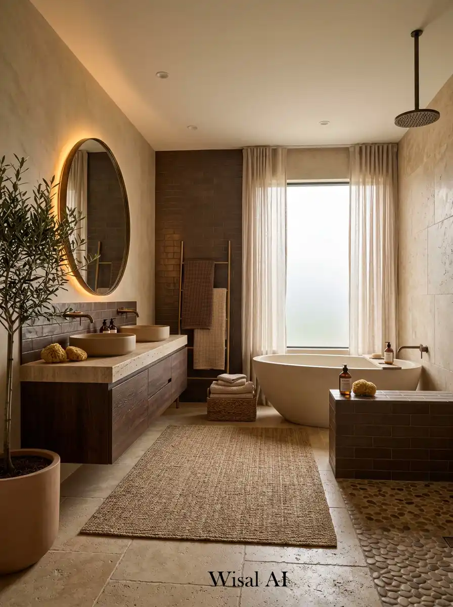 Relaxing spa bathroom with earthy mocha tones sandy beige textures and luxurious organic interior design style.