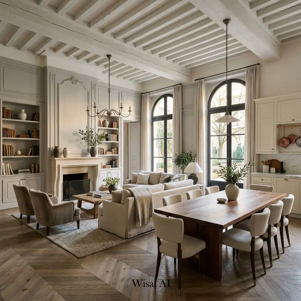 European-inspired open concept living room with timeless architectural details