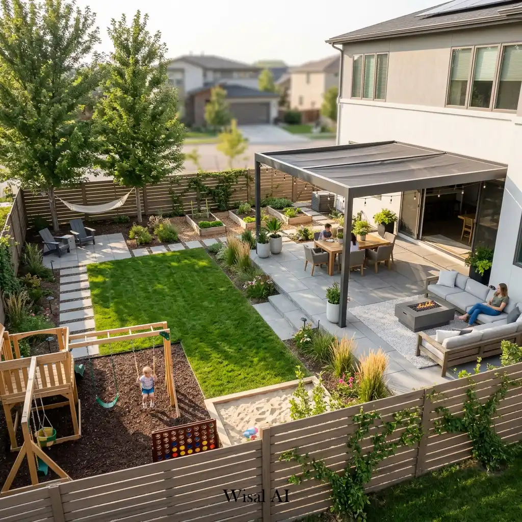 Family-friendly backyard with activity zones, seating areas, and functional outdoor spaces