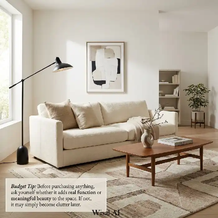 Minimalist living room with carefully selected furniture, neutral tones, and a clean clutter-free design that feels modern and sophisticated