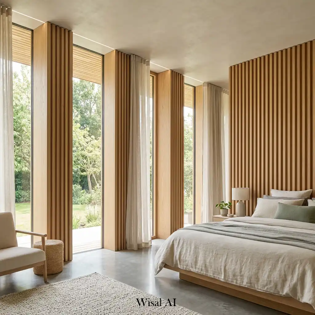 Full-height wood slats framing large bedroom windows with natural light.