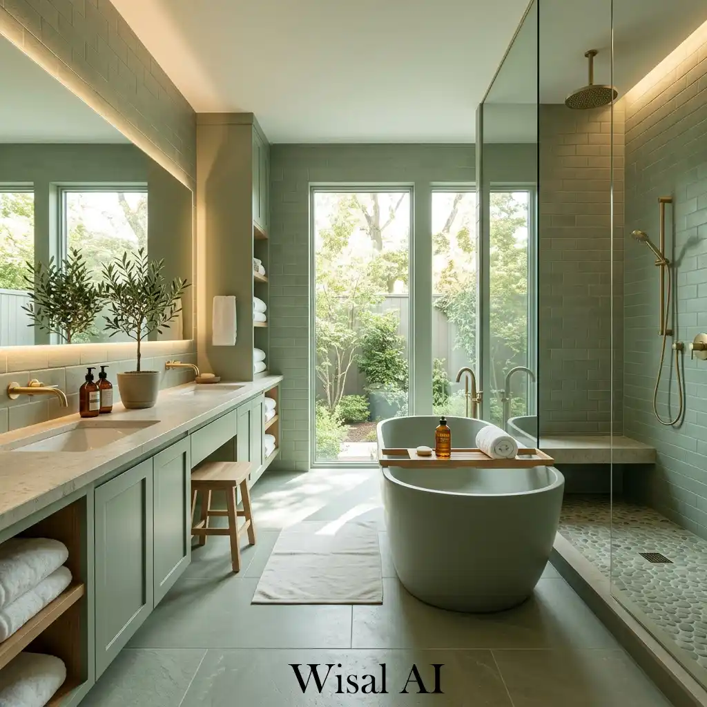 Full sage green spa bathroom retreat luxury interior