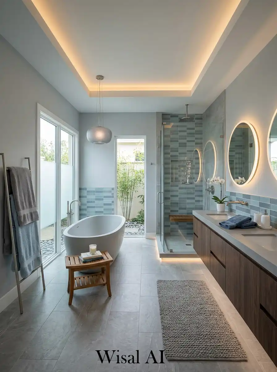 Spa inspired grey and blue bathroom retreat interior design