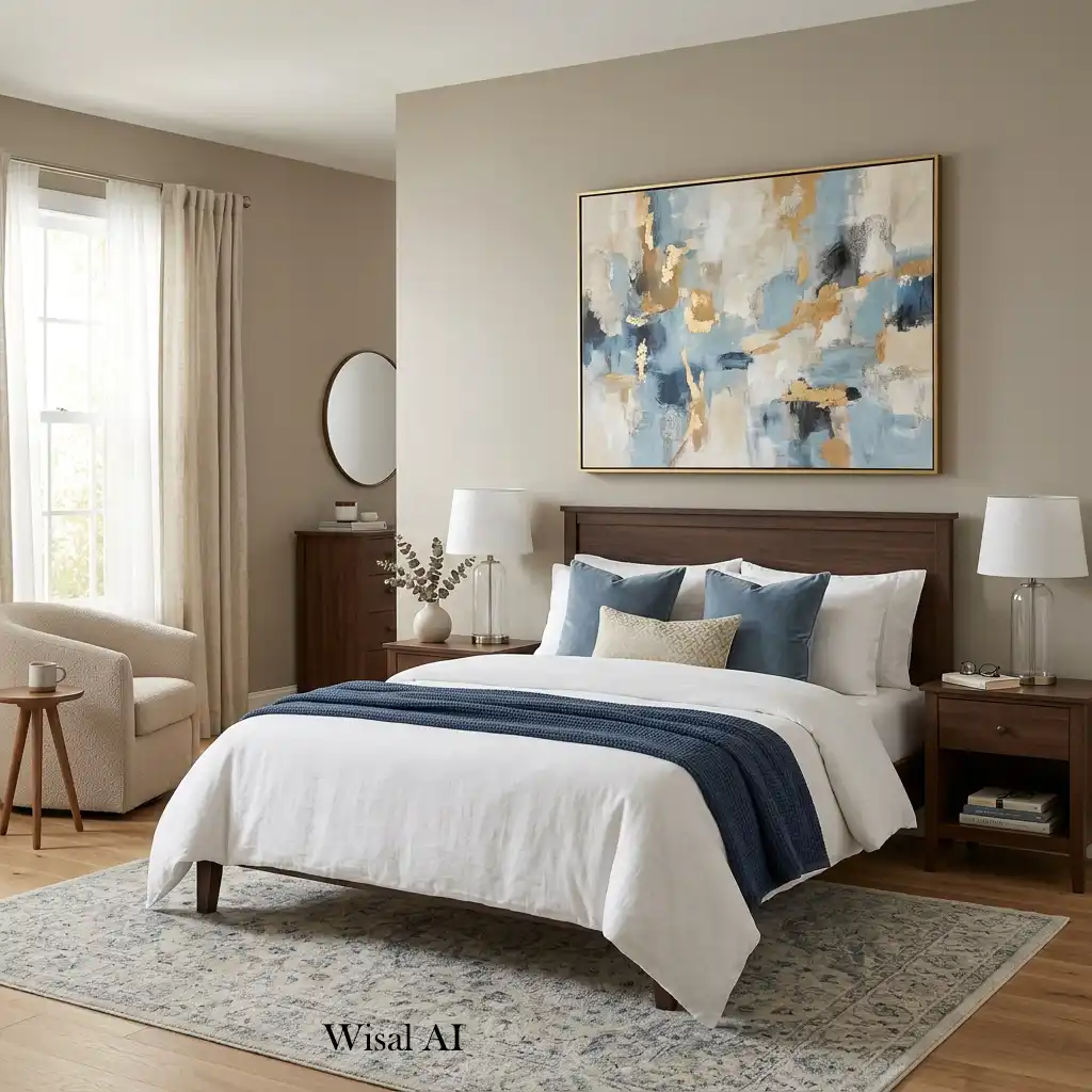 Stylish guest bedroom with statement artwork above the bed.