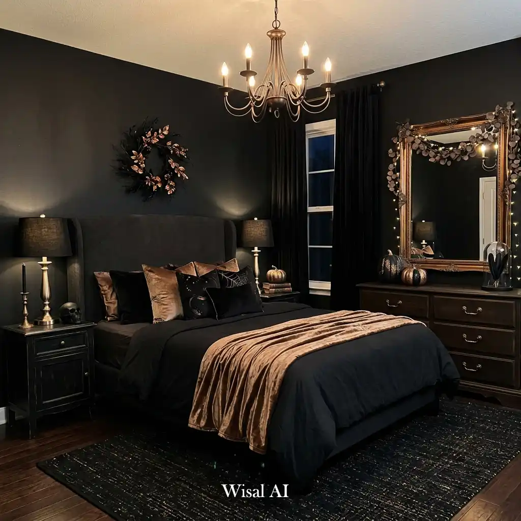 Halloween bedroom decorated with elegant black and bronze accents.