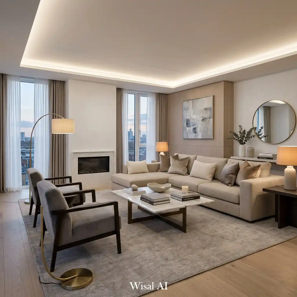 Luxury hotel-style living room with soft lighting and refined interior design
