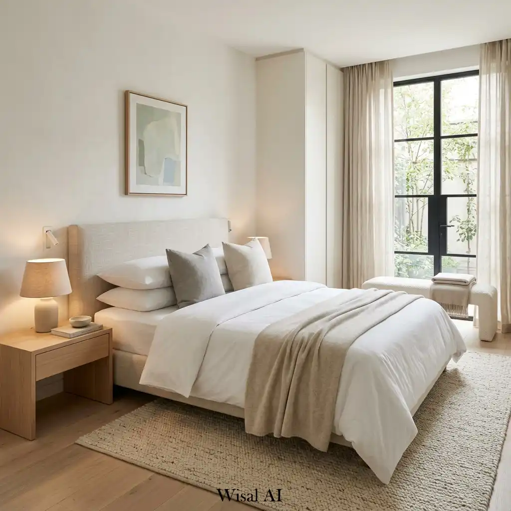 Luxury hotel-style bedroom with clean design and quiet elegant atmosphere