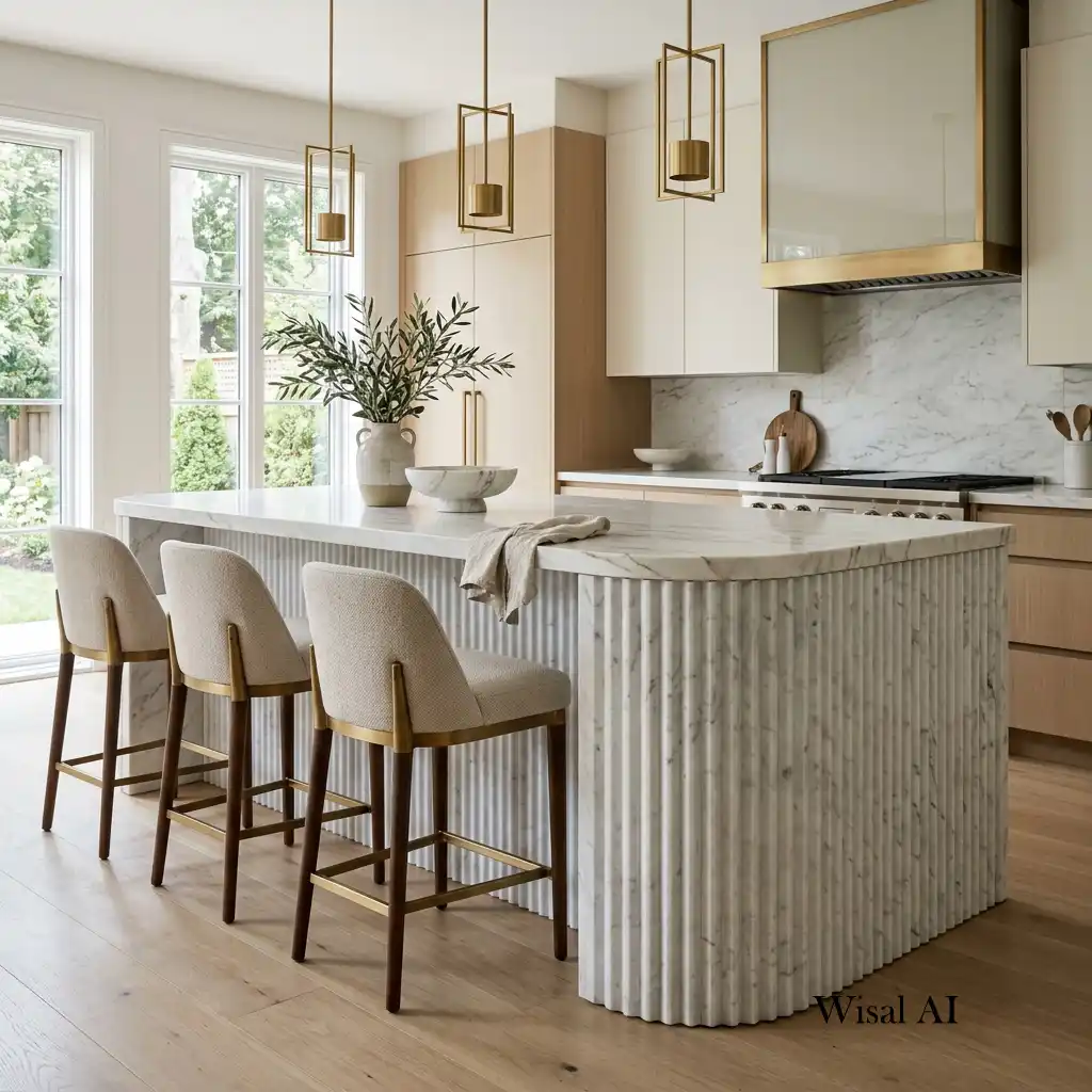 Luxury kitchen island featuring a fluted stone base and comfortable built-in seating.