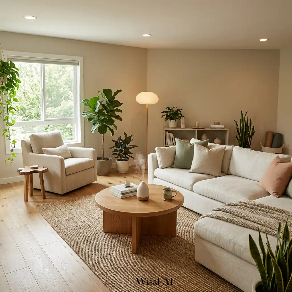 Wellness-focused living room with calming colors and natural light