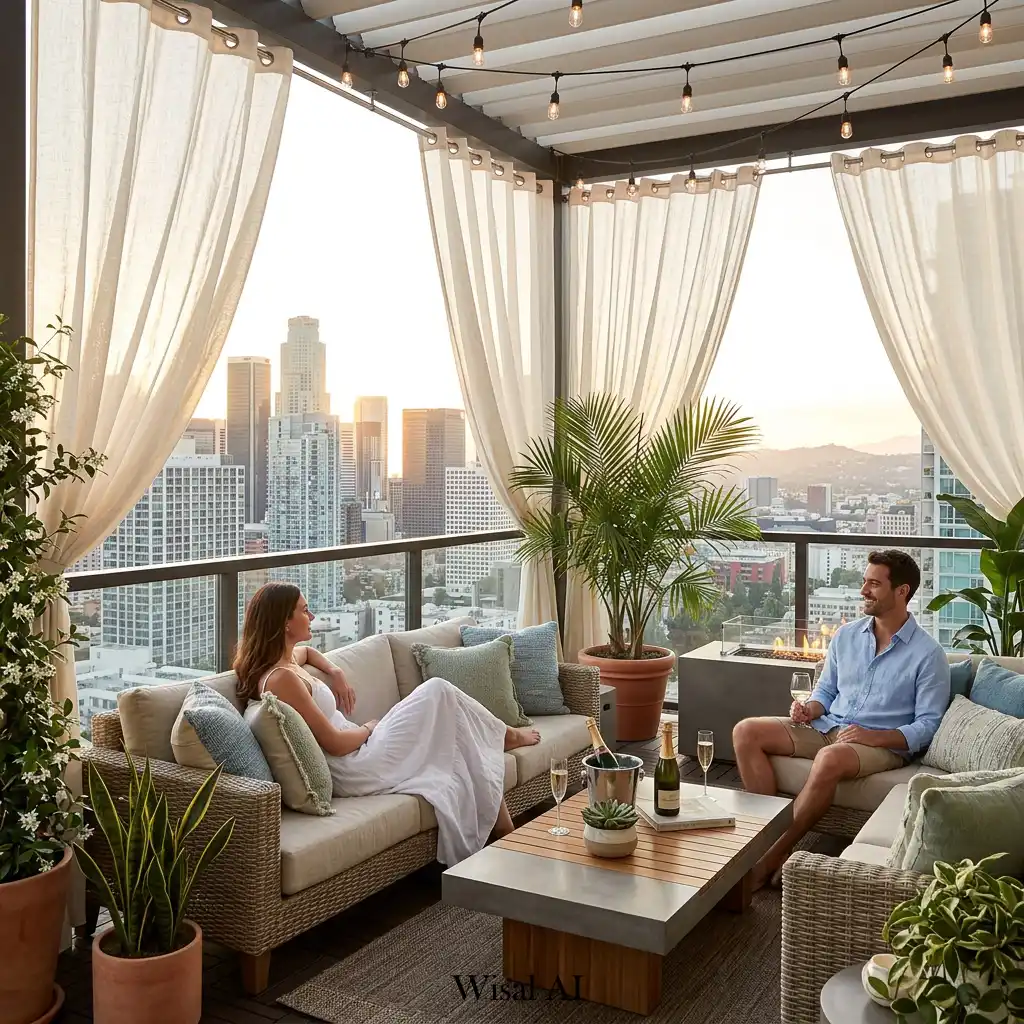 Resort-inspired balcony with flowing drapery and stunning city views
