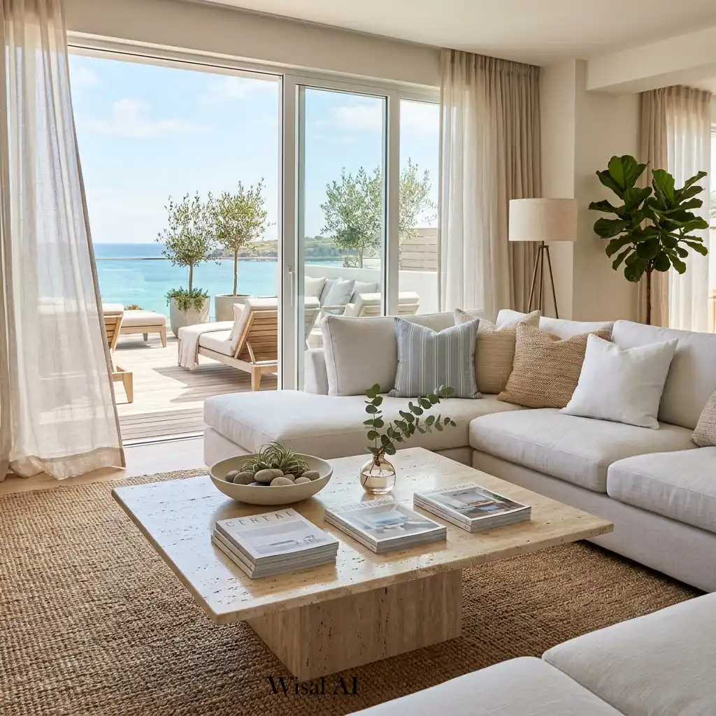 Luxury beach house living room with a natural stone coffee table.