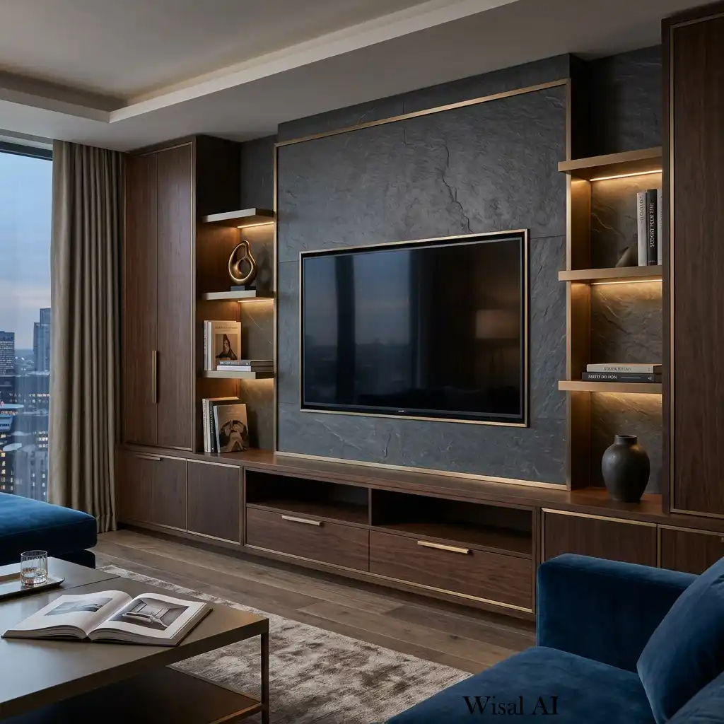 Luxury TV wall with bronze metal accents, walnut cabinetry, and stone panels.