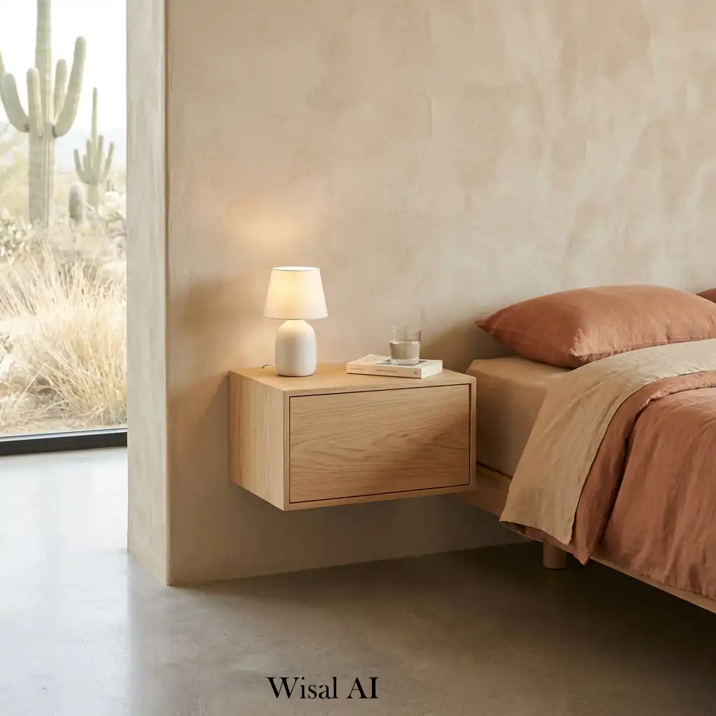 Floating wooden nightstands in minimalist desert bedroom
